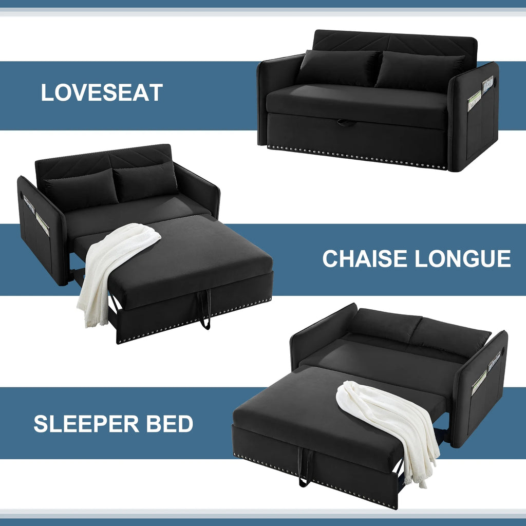 55" Black Velvet Convertible Sleeper Sofa with USB Ports H529077