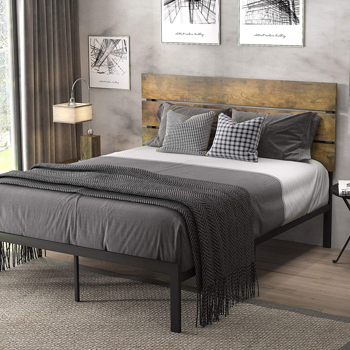 Queen Size Rustic Industrial Platform Bed Frame with Wood Headboard W5449