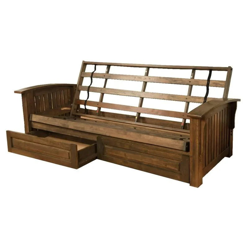 Queen Size Rustic Walnut Wood Storage Futon Frame M2368