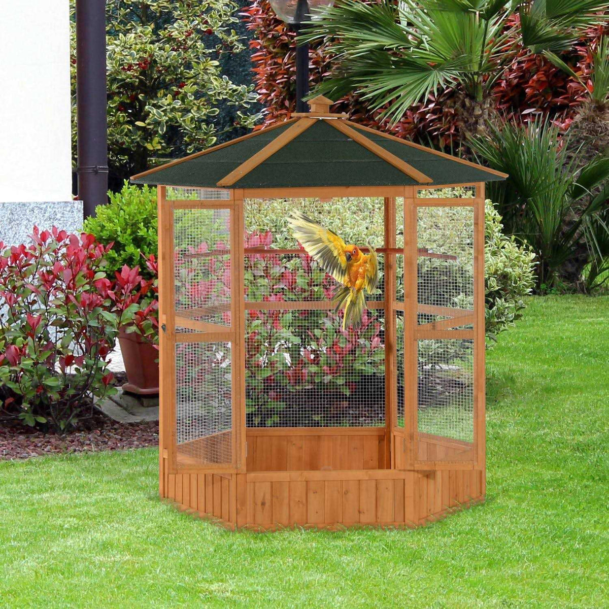Large Wooden Hexagonal Outdoor Aviary Bird Cage with Covered Roof C3084