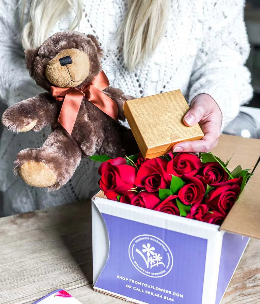 24 Red Roses with Chocolates & Teddy Bear in a Glass Vase P123124