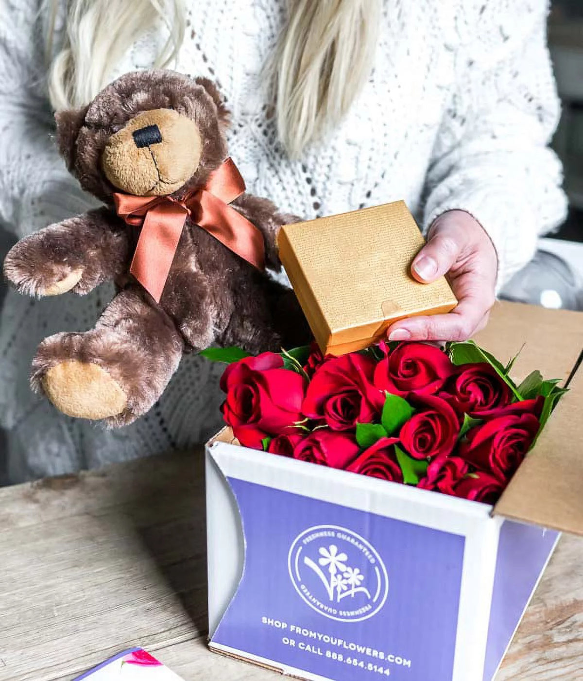 24 Red Roses with Chocolates & Teddy Bear in a Glass Vase P123124