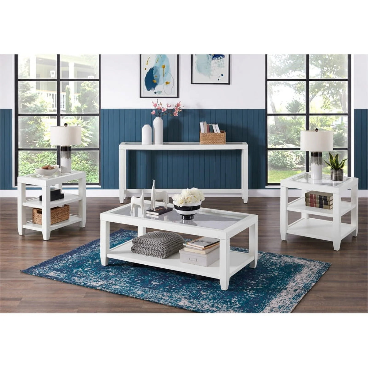 White Wood and Glass Top End Table with Shelves X42696