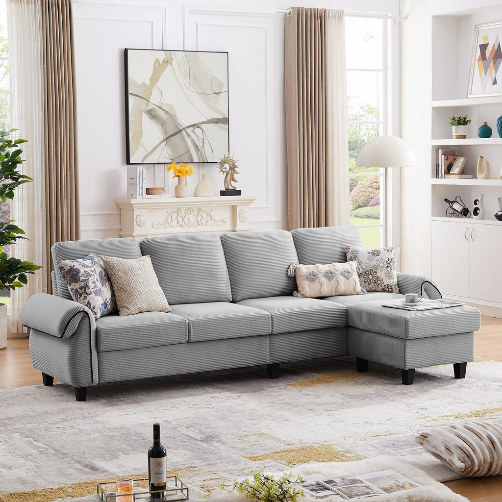 Grey Corduroy L Shaped Sectional Sofa with Reversible Ottoman C343
