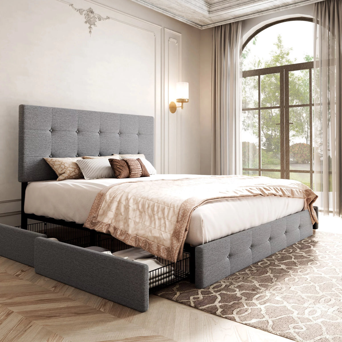 Light Grey Queen Platform Bed Frame with 4 Drawers Storage P61337