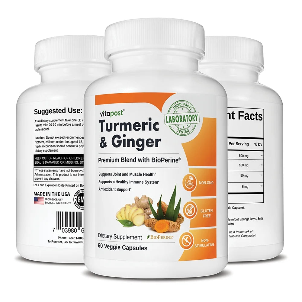 Turmeric & Ginger Supplement with BioPerine 60 Capsules N198