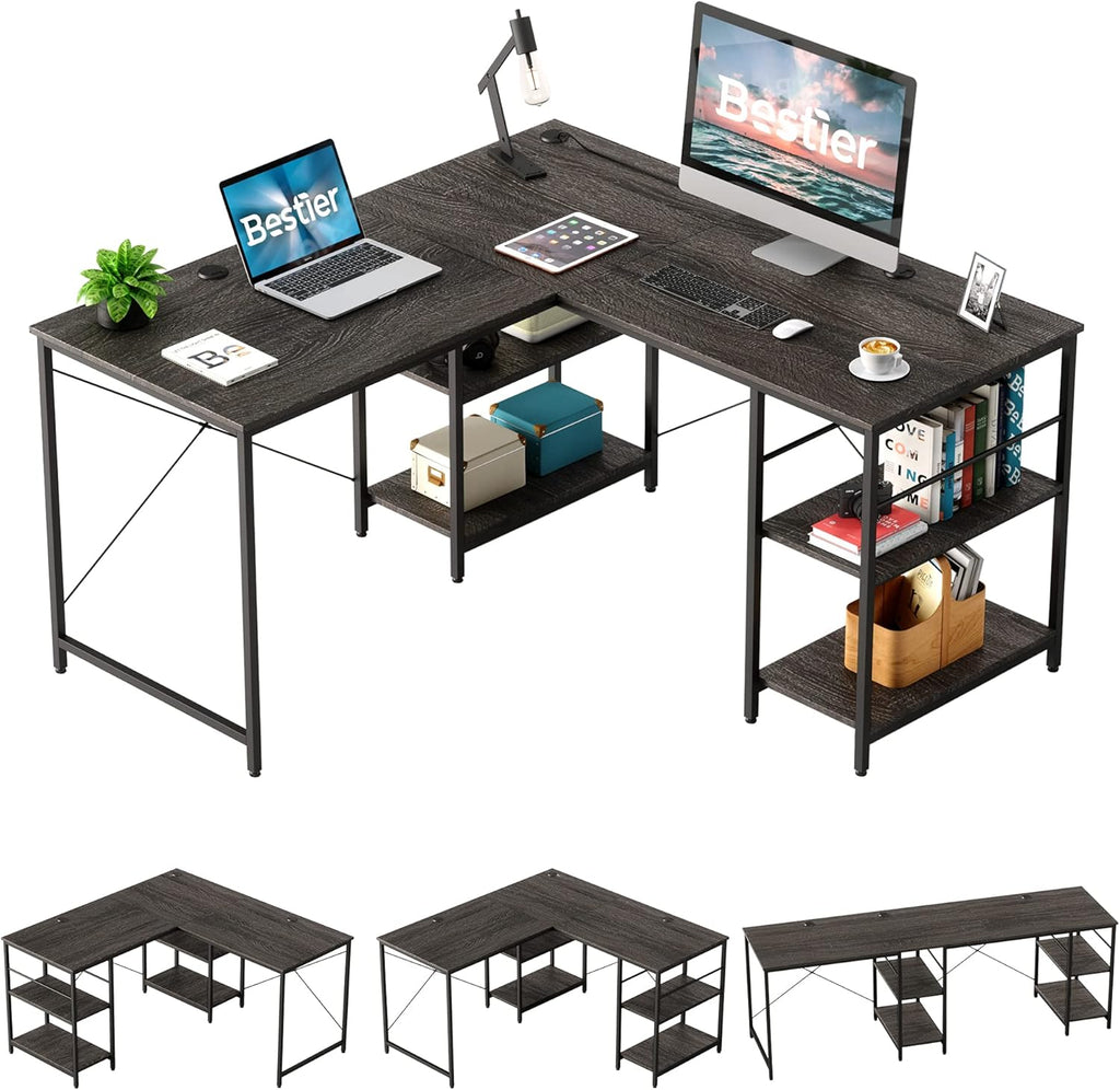 95.2 Inch Reversible L Shaped Desk with Shelves Grey Oak T893