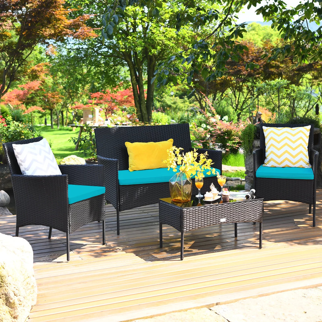4 Pieces Patio Rattan Furniture Set Cushioned White H710219