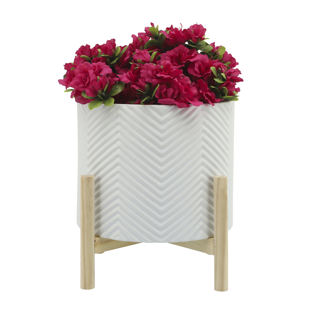 12" Ceramic Chevron Planter with Wood Stand G863540