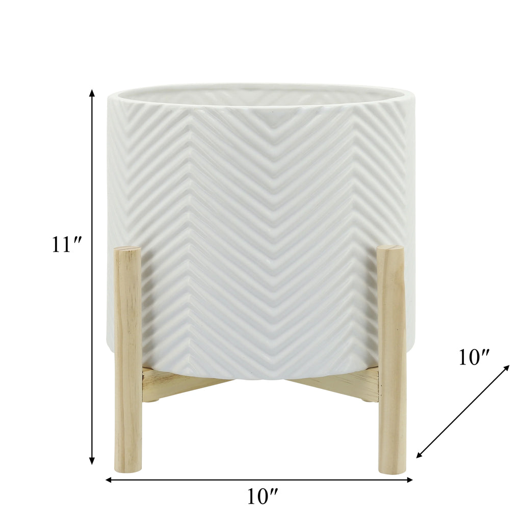 12" Ceramic Chevron Planter with Wood Stand G863540