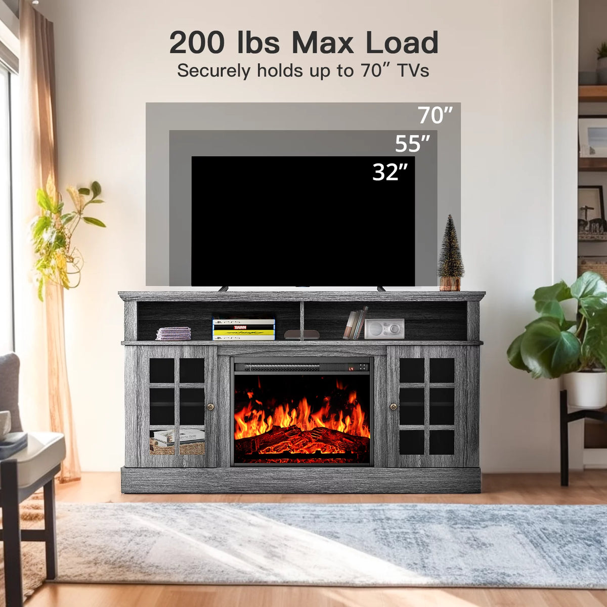 1400W Electric Fireplace TV Stand with Adjustable Shelves, Grey Z1010