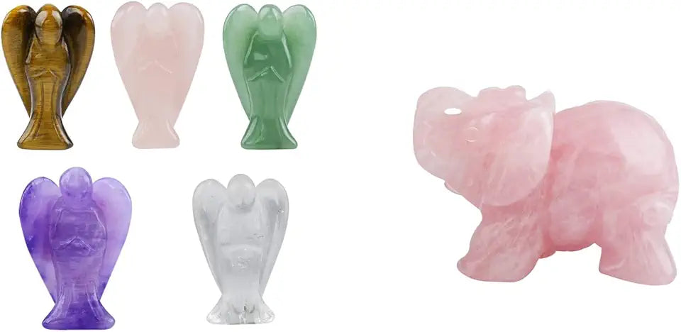 Set of 5 Guardian Angel Figurines & Rose Quartz Elephant Crystal Sculpture Statue M371