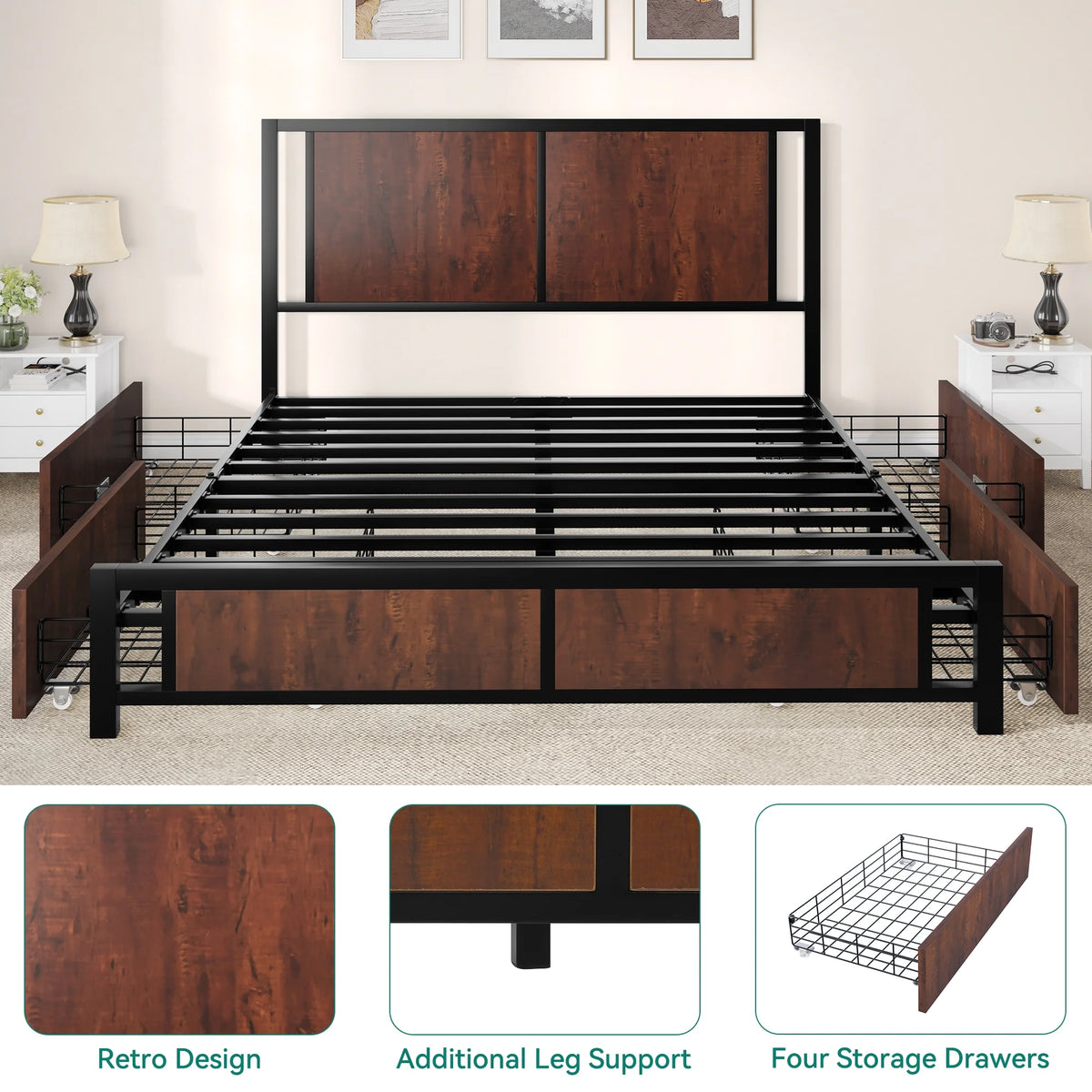 Queen Size Metal Platform Bed Frame with 4 Drawers H964324