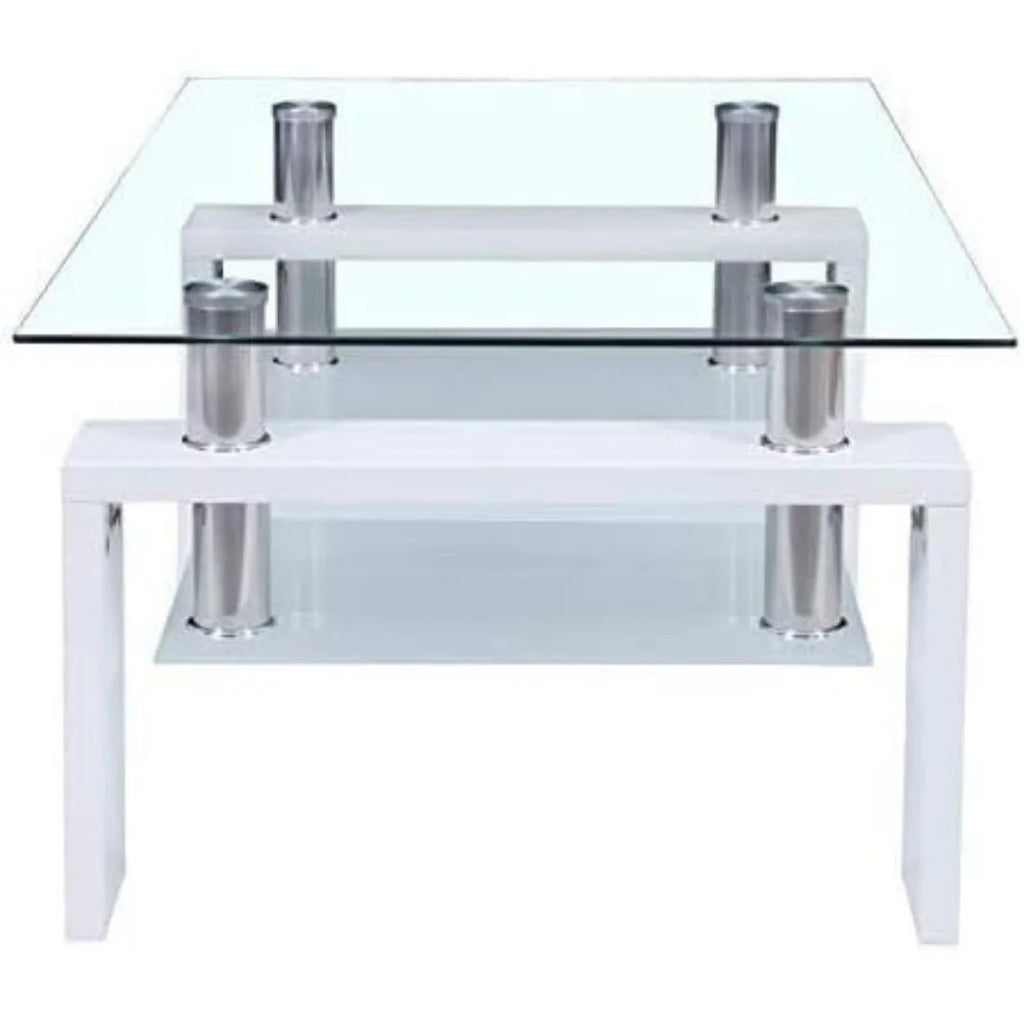 Glass Top White Coffee Table with Lower Shelf T961573