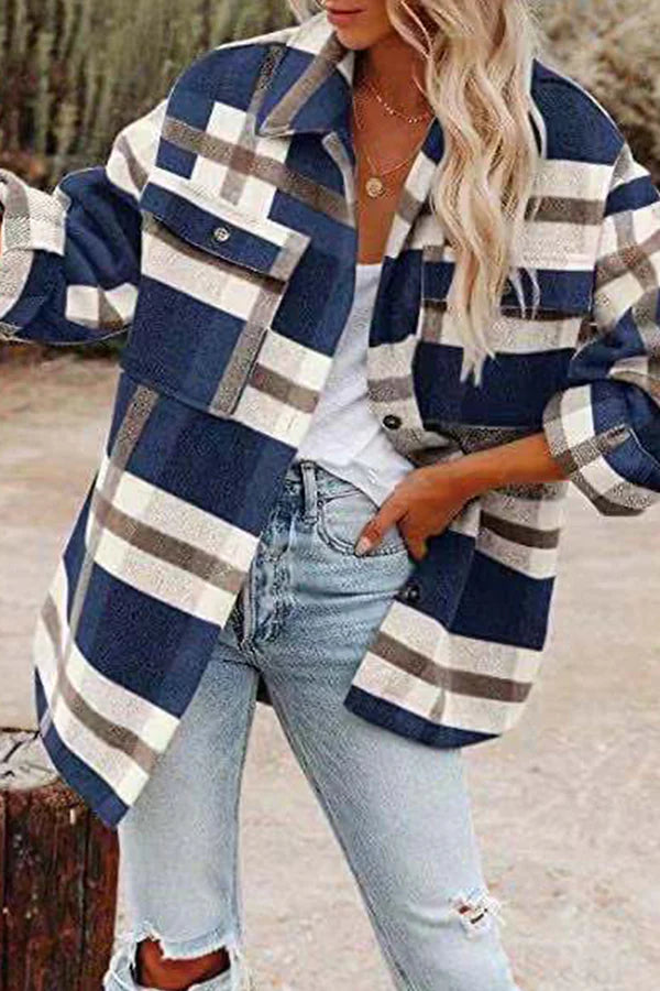 Plaid Pocket Buckle Turndown Collar Outerwear I73513