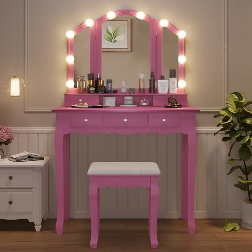 White Vanity Desk with Lighted Mirror and Stool, 5 Drawers K55131