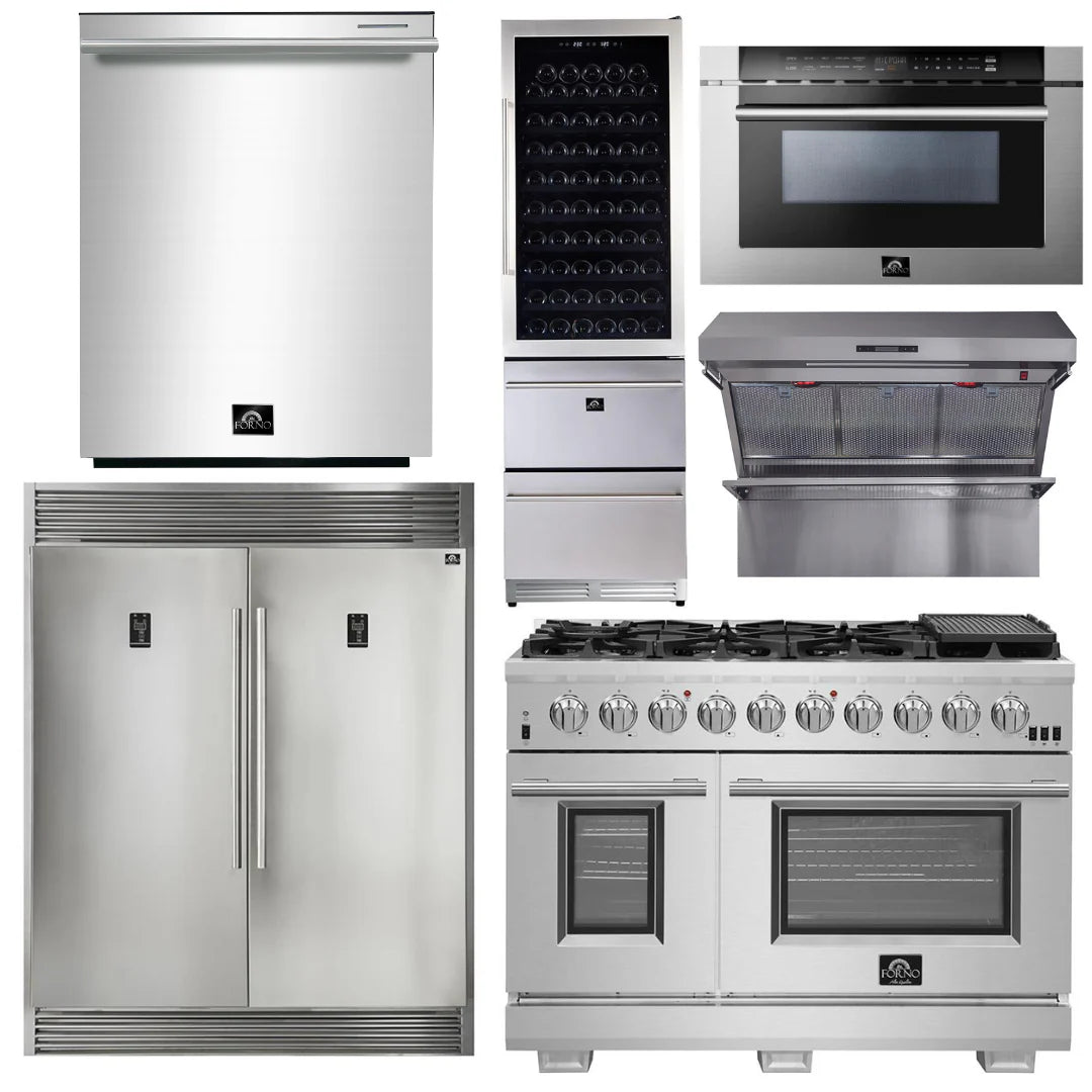48 Inch Pro Gas Range, Range Hood, Refrigerator, Microwave Drawer, Dishwasher, Wine Cooler B519