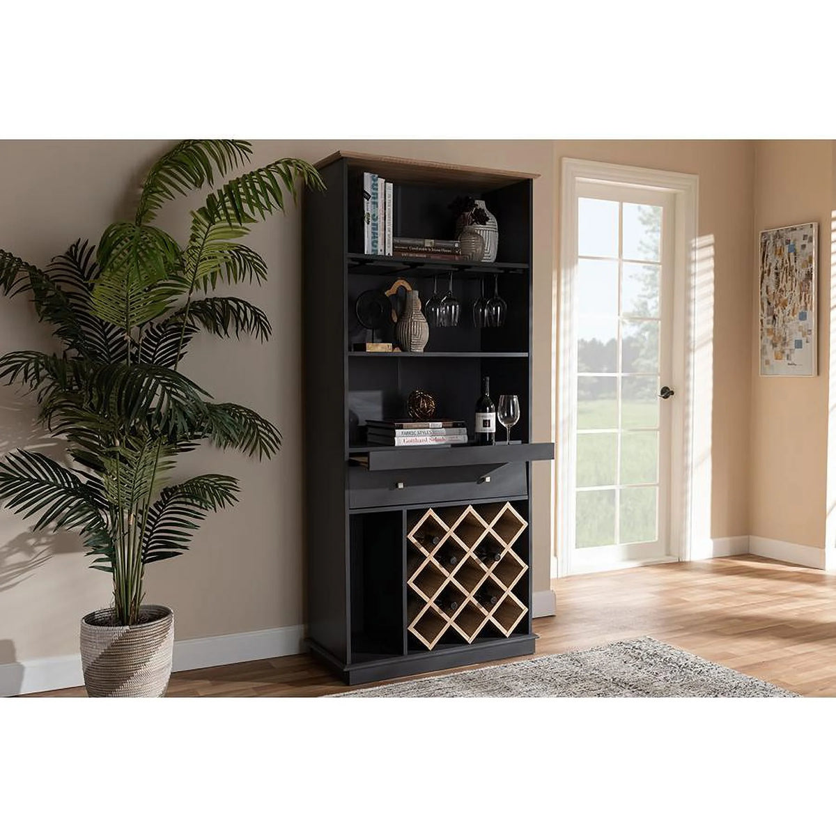 Dark Grey Oak Finished Wood Wine Cabinet R26955