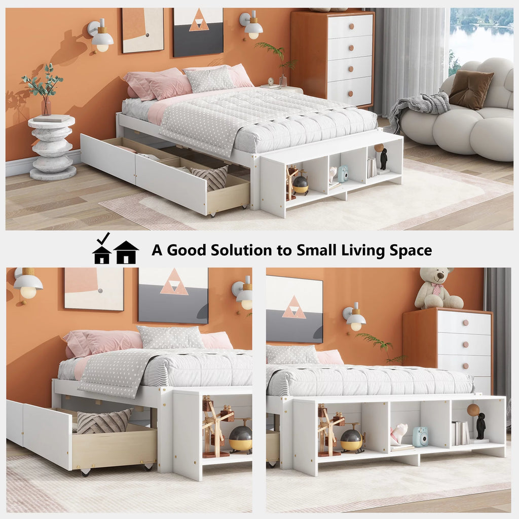 White Full Size Platform Bed with Storage Shelves and Drawer W554656