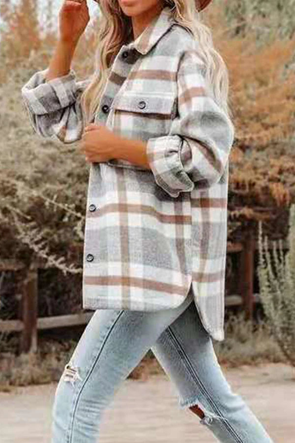 Plaid Pocket Buckle Turndown Collar Outerwear I73513