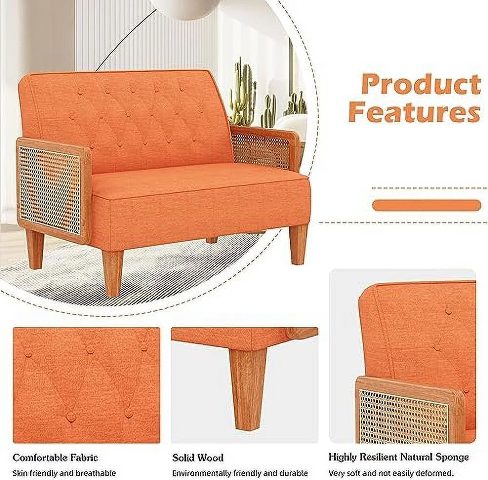 Light Grey Upholstered Loveseat with Rattan Armrest H123
