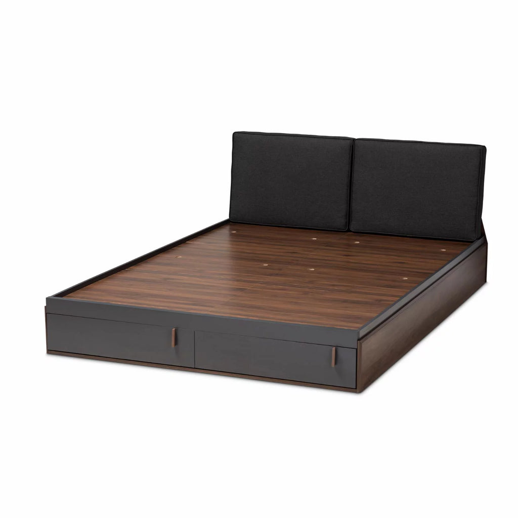 Gray Walnut Wood Queen Size Platform Storage Bed with Upholstered Headboard H26800