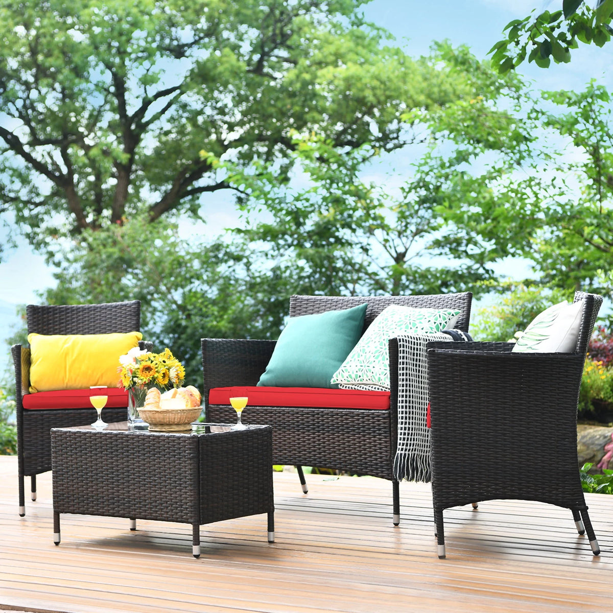 4 Pc Turquoise Cushioned Patio Rattan Conversation Furniture Set G20699