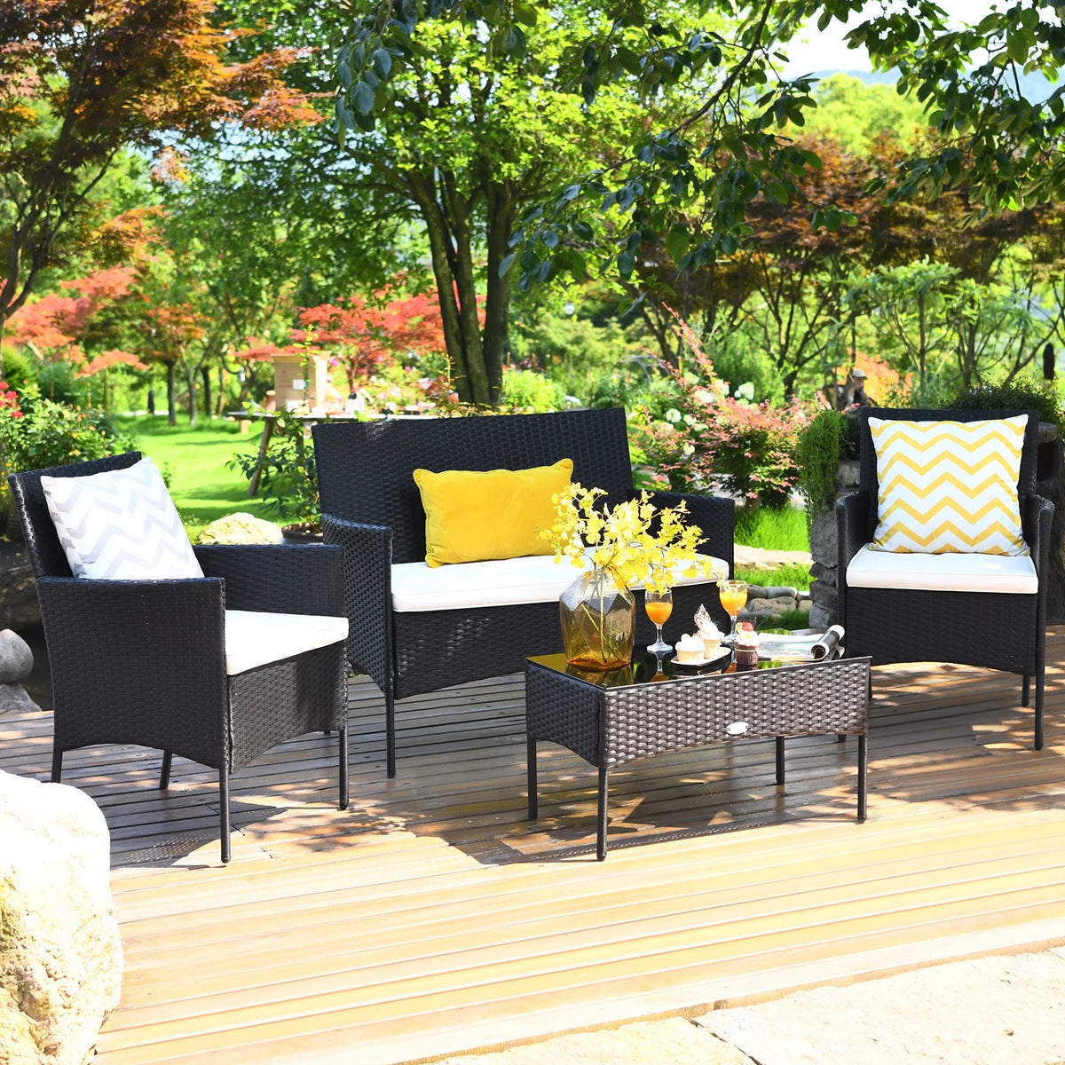 4 Pieces Patio Rattan Furniture Set Cushioned White H710219