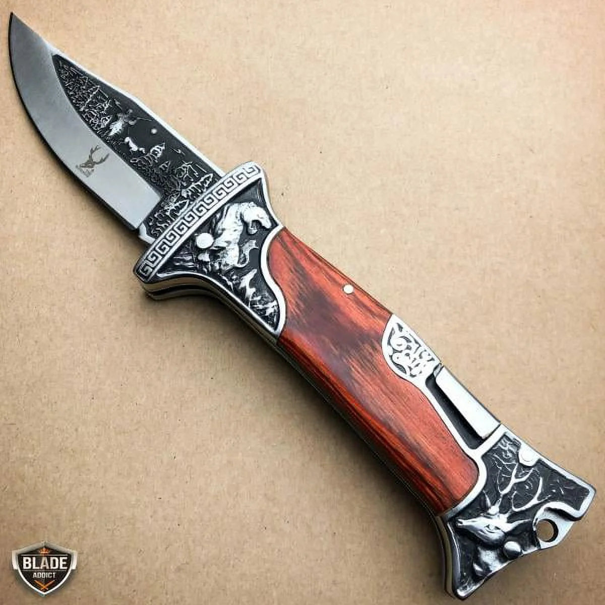 Brown Wood Handle Engraved Blade Lockback Folding Pocket Knife X4626