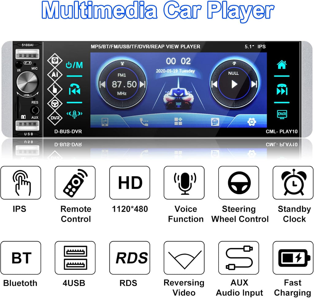 Single Din Car Stereo with 5.1 Inch Touch Screen Backup Camera G69912