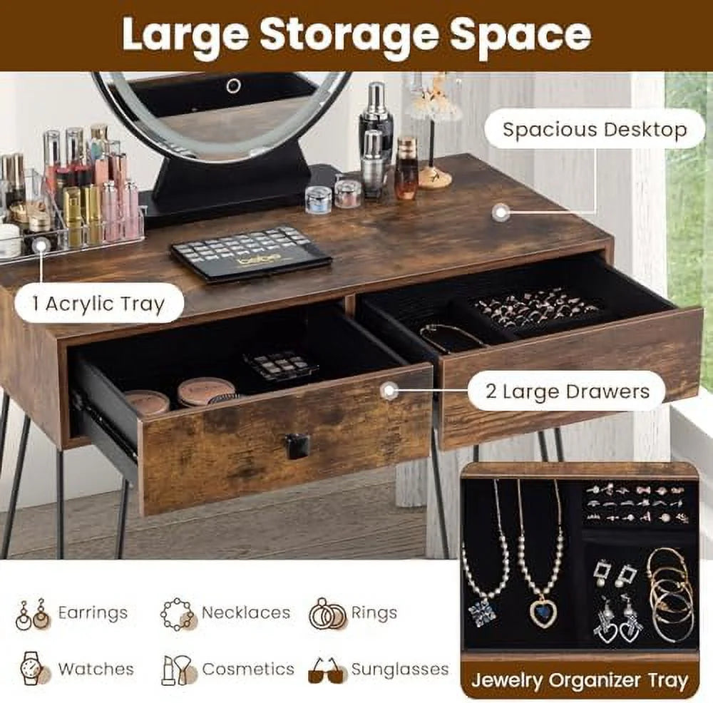 Vanity Desk with Mirror and Lights Makeup Dressing Table Set with Stool W197264