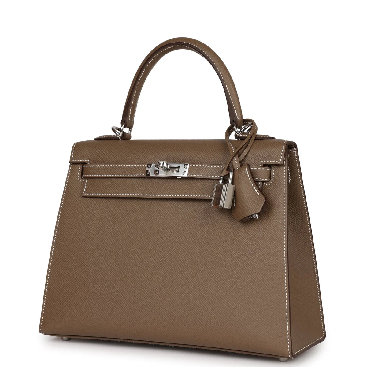 Kelly 25 Etoupe Epsom Palladium Hardware Bag A105