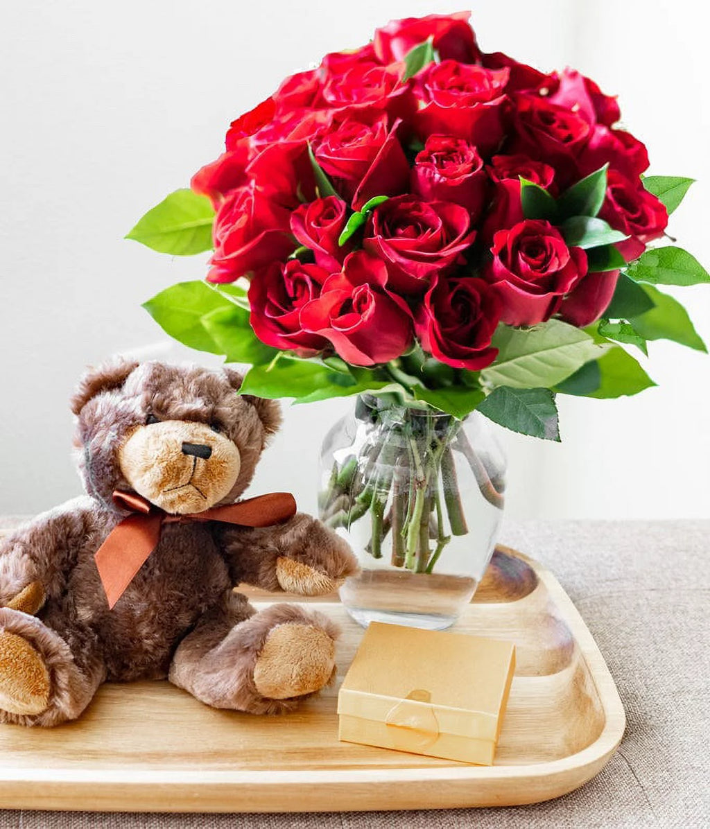 24 Red Roses with Chocolates & Teddy Bear in a Glass Vase P123124