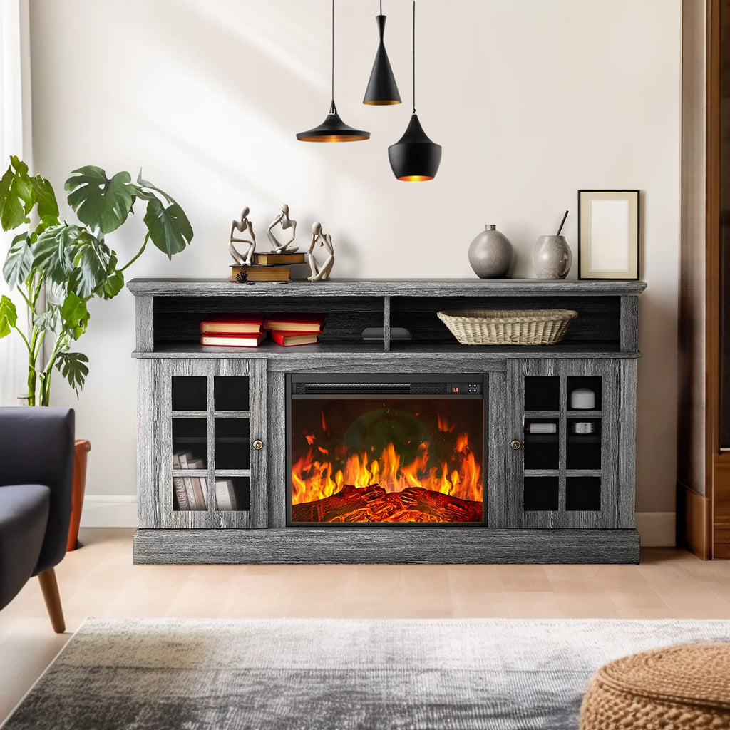 1400W Electric Fireplace TV Stand with Adjustable Shelves, Grey Z1010