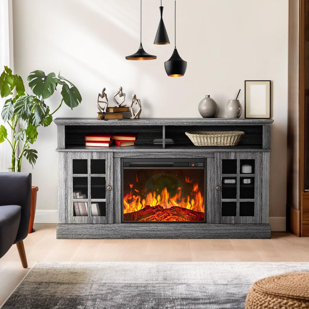 1400W Electric Fireplace TV Stand with Adjustable Shelves, Grey Z1010