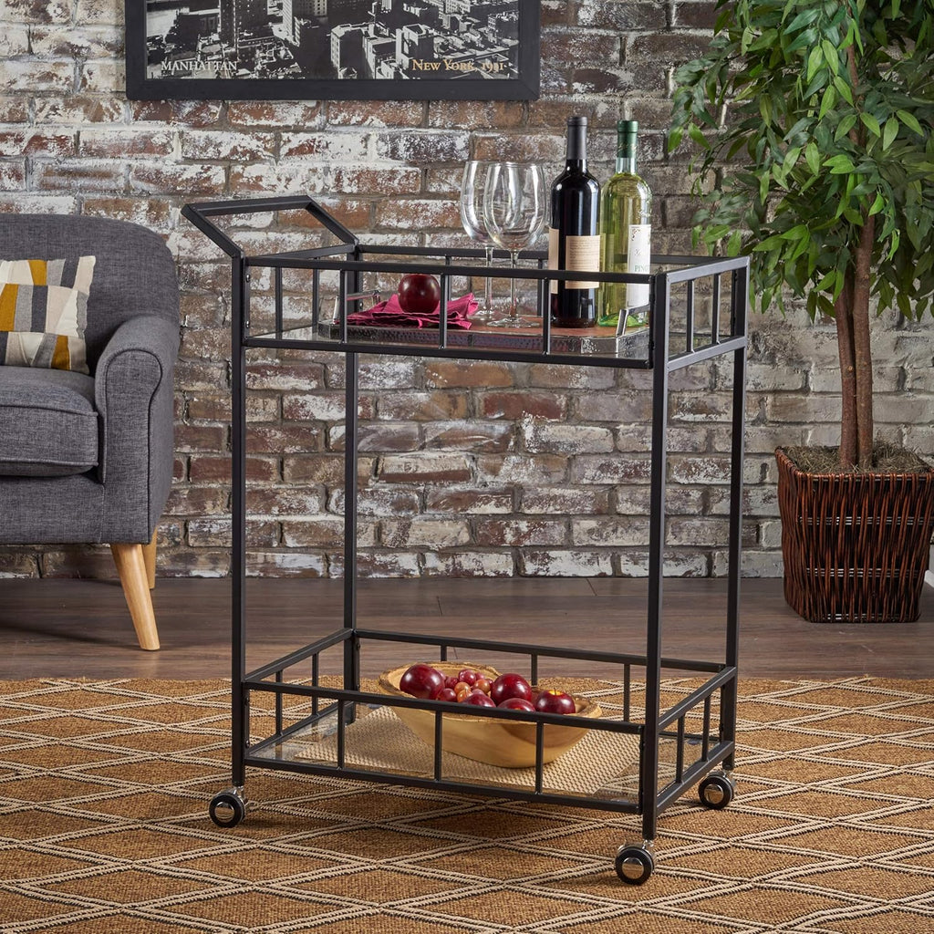 Black Iron Bar Cart with Tempered Glass Top C906