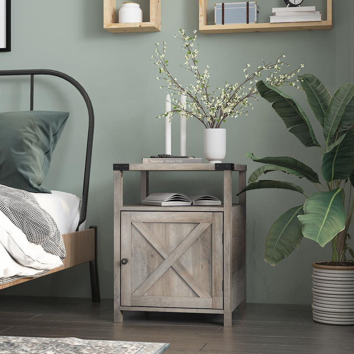Gray Wood Nightstand with Cabinet and Shelf L282906