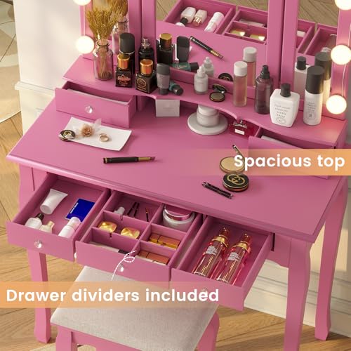 White Vanity Desk with Lighted Mirror and Stool, 5 Drawers K55131