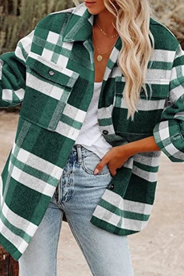 Plaid Pocket Buckle Turndown Collar Outerwear I73513