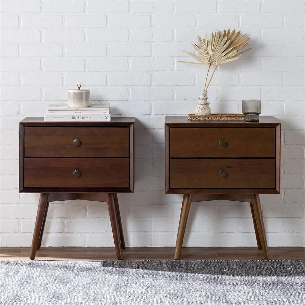 2-Piece Solid Pine Wood Nightstand Set in Walnut U528