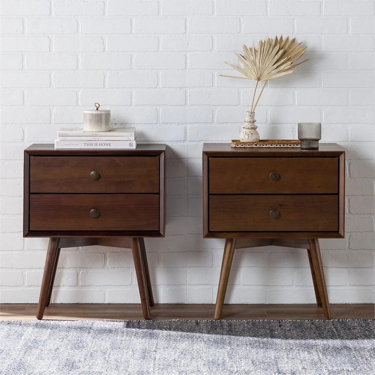 2-Piece Solid Pine Wood Nightstand Set in Walnut U528