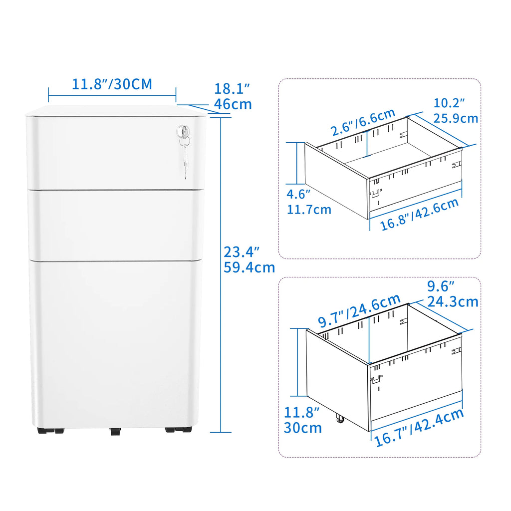 3-Compartment Locking Steel File Cabinet, White O529625