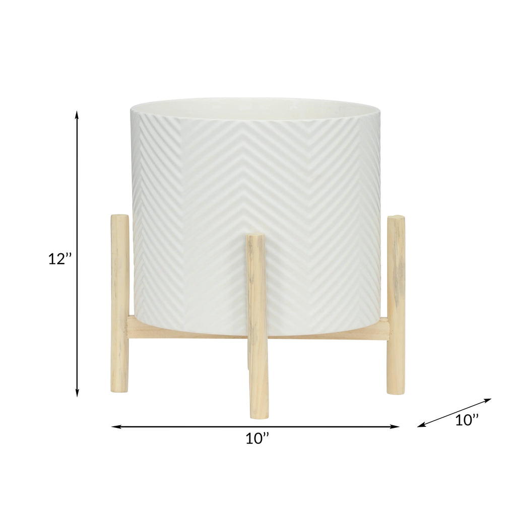 12" Ceramic Chevron Planter with Wood Stand G863540