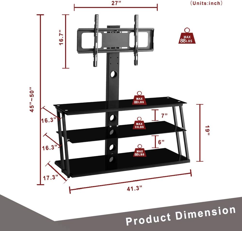 Angle and Height Adjustable Tempered Glass TV Stand, Black U870