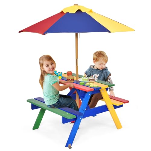 Kids Fir Wood Picnic Table and Chairs with Umbrella W2179