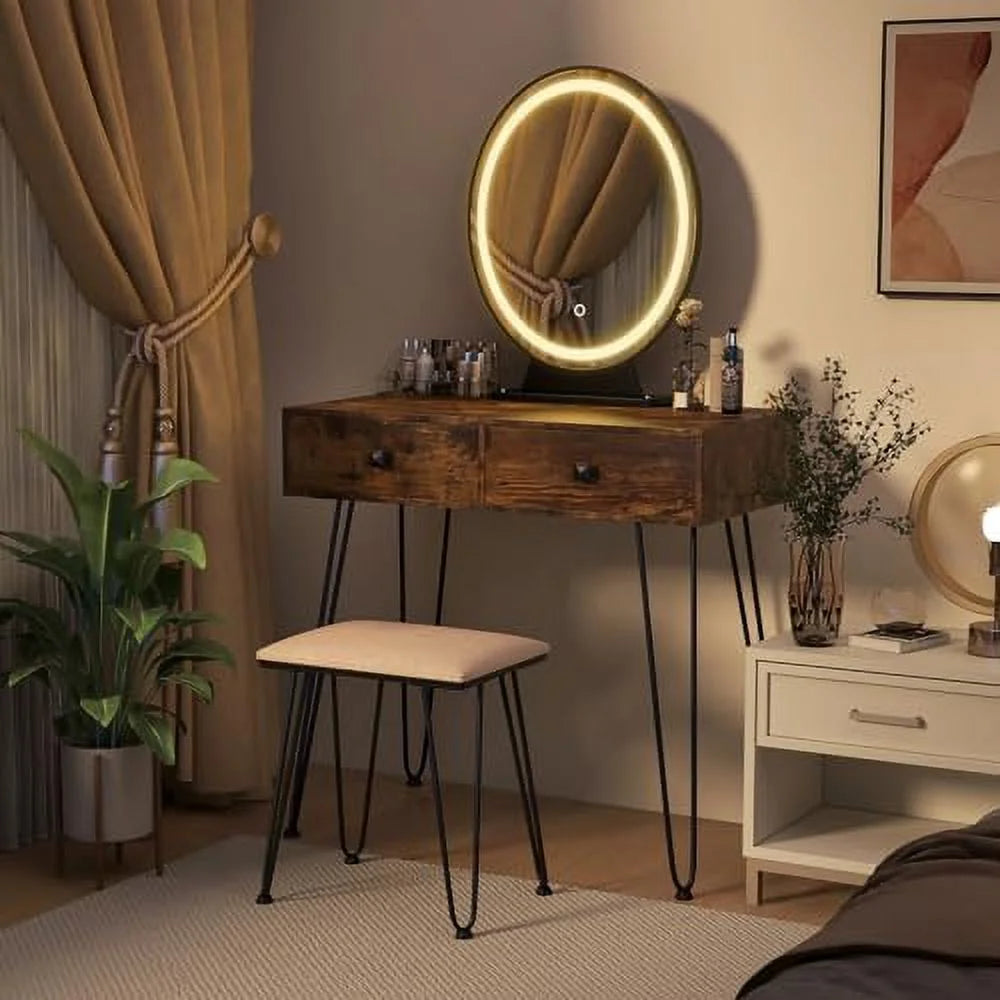 Vanity Desk with Mirror and Lights Makeup Dressing Table Set with Stool W197264