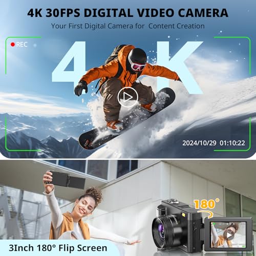 4K 48MP Compact Digital Camera with 16X Zoom, Black W74097