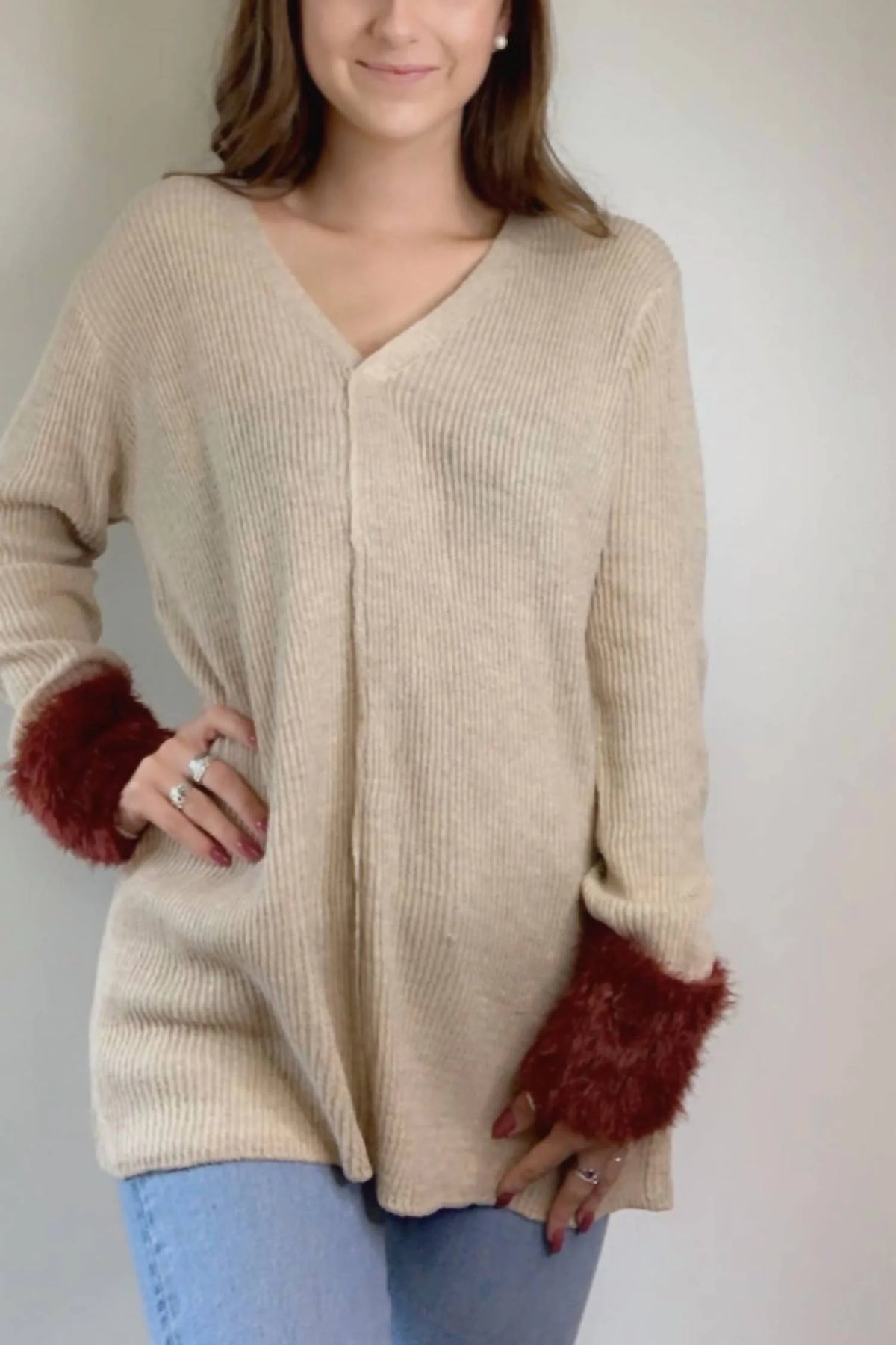 V Neck Sweater With Fur Accent Cuffs T538