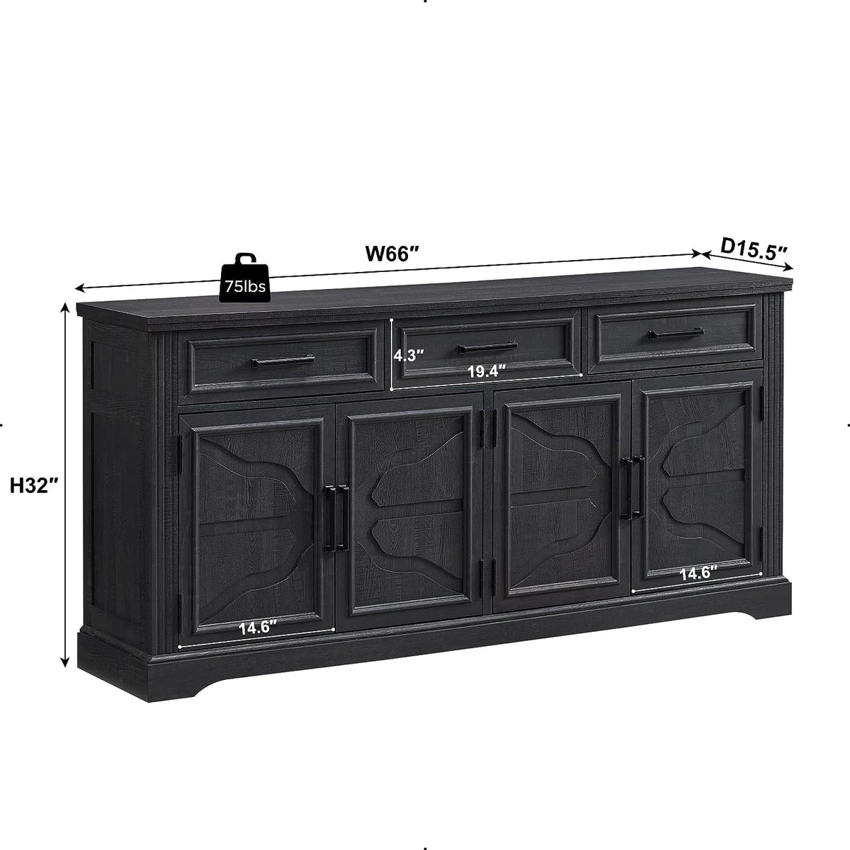 Black 3 Drawer 4 Door Sideboard Storage Cabinet H15382