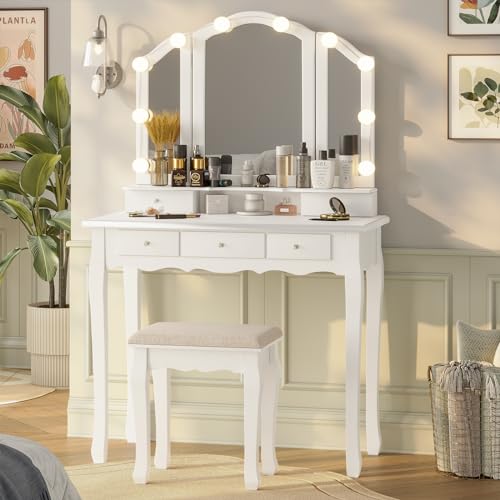 White Vanity Desk with Lighted Mirror and Stool, 5 Drawers K55131